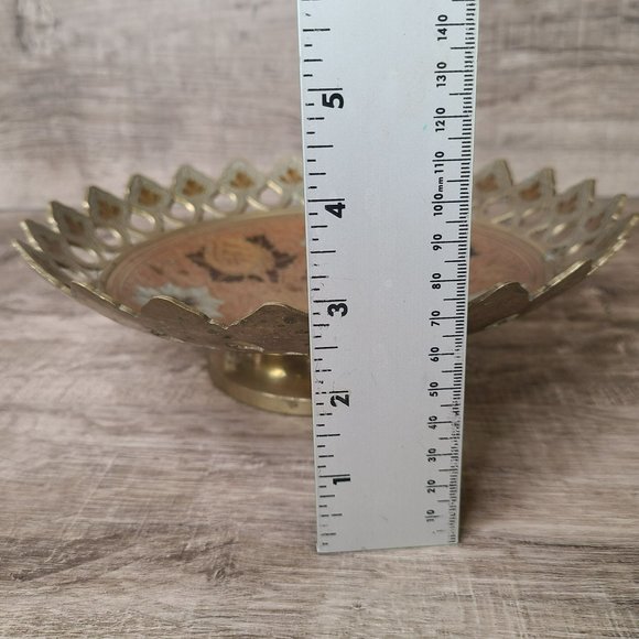 Vtg Enamel & Brass Pedestal Bowl Tray Floral Design Solid Cut 10" Made in India - Picture 14 of 14